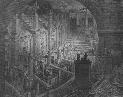 Londres, vista desde una vía férrea sobre los tejados de Gustave after Dore